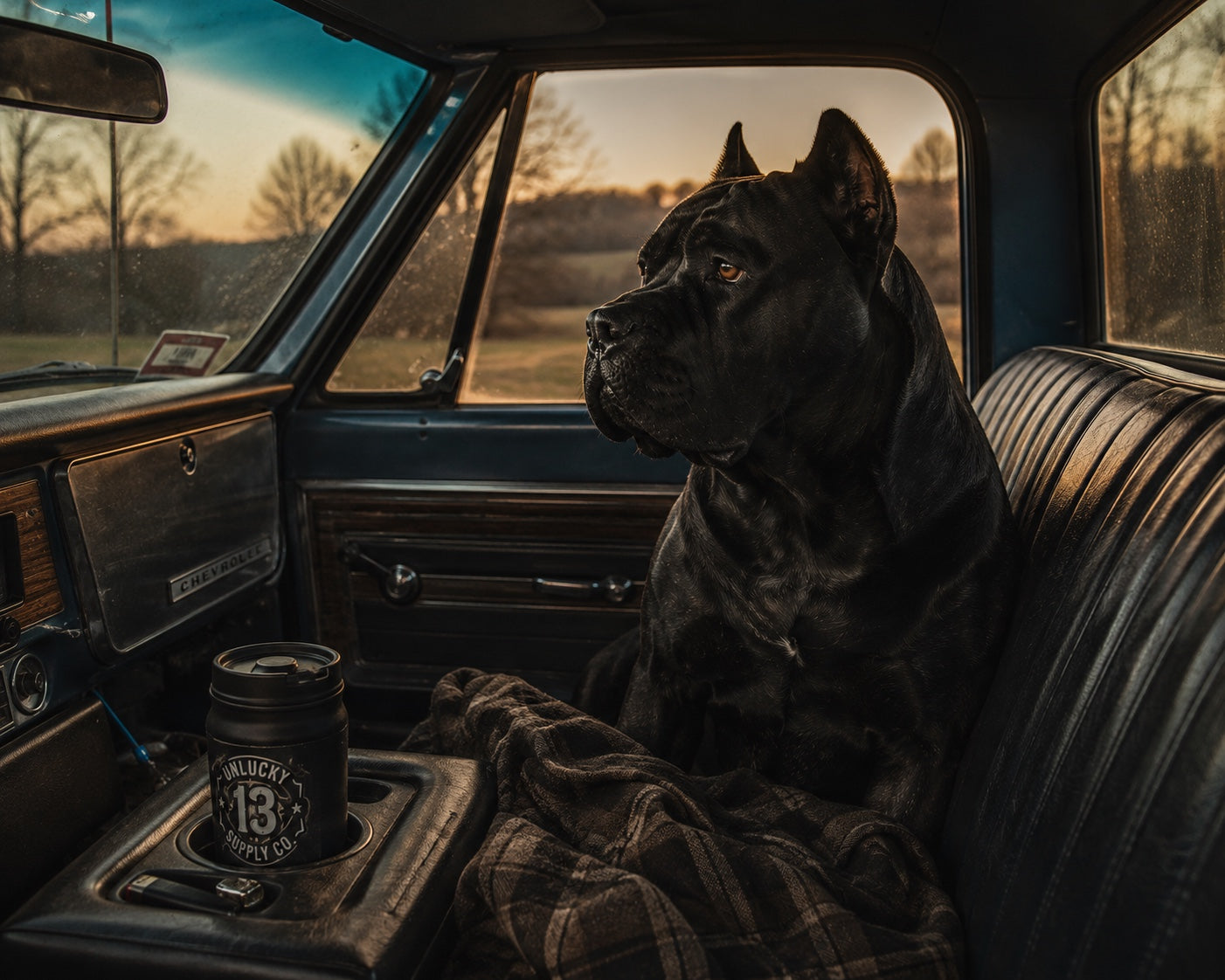 Rocco the Cane Corso sitting in a vintage truck for Unlucky 13