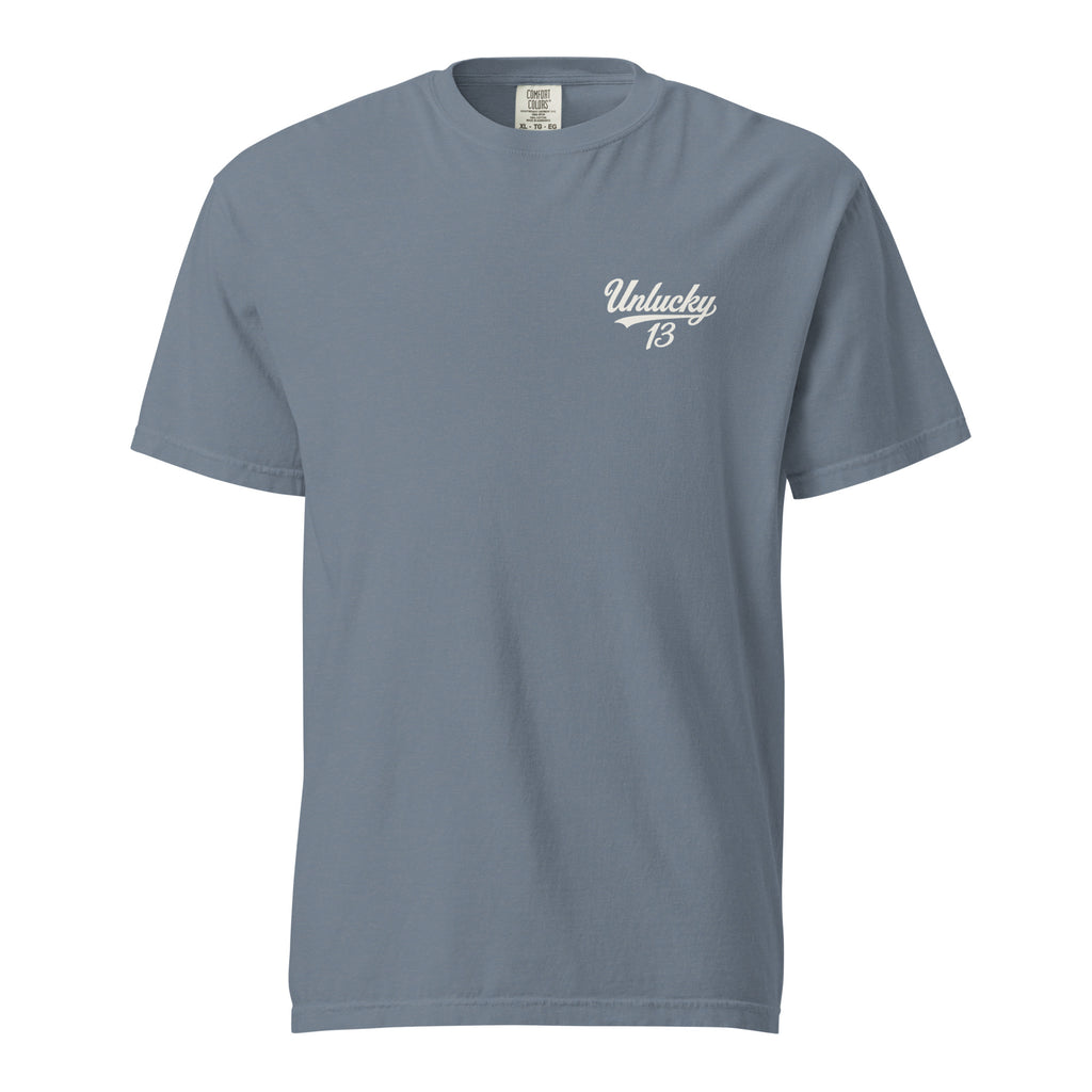 Blue Jean garment-dyed Everyday Tee with Unlucky 13 left-chest logo