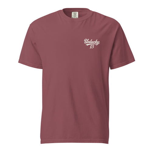 Brick garment-dyed Everyday Tee with Unlucky 13 left-chest logo