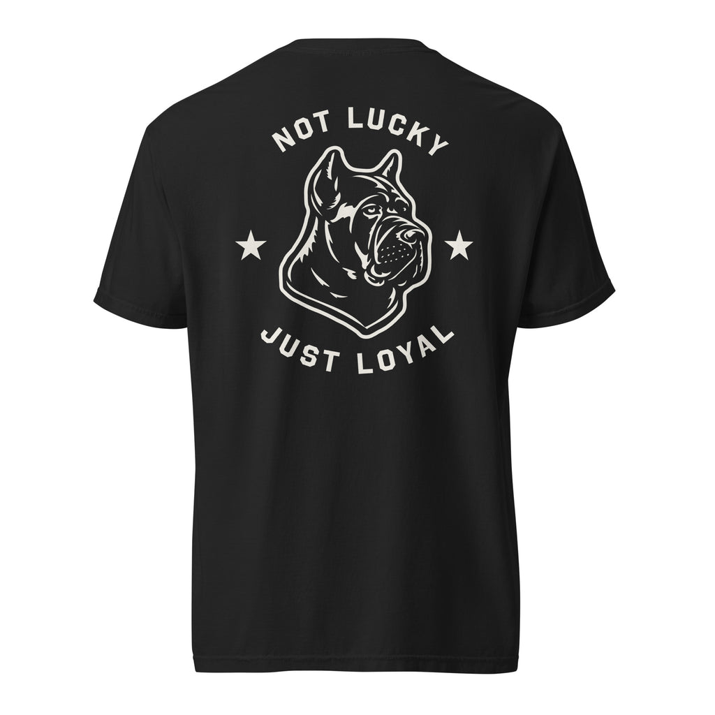 Black Unlucky 13 Icon Tee with Rocco the Cane Corso graphic on back