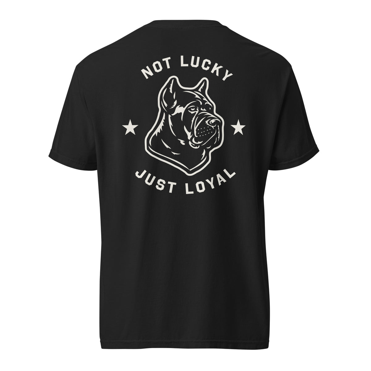 Black Unlucky 13 Icon Tee with Rocco the Cane Corso graphic on back
