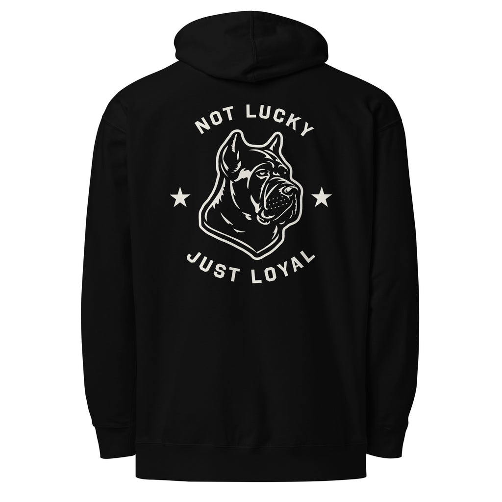 Black Unlucky 13 Icon Hoodie with Rocco the Cane Corso graphic on back