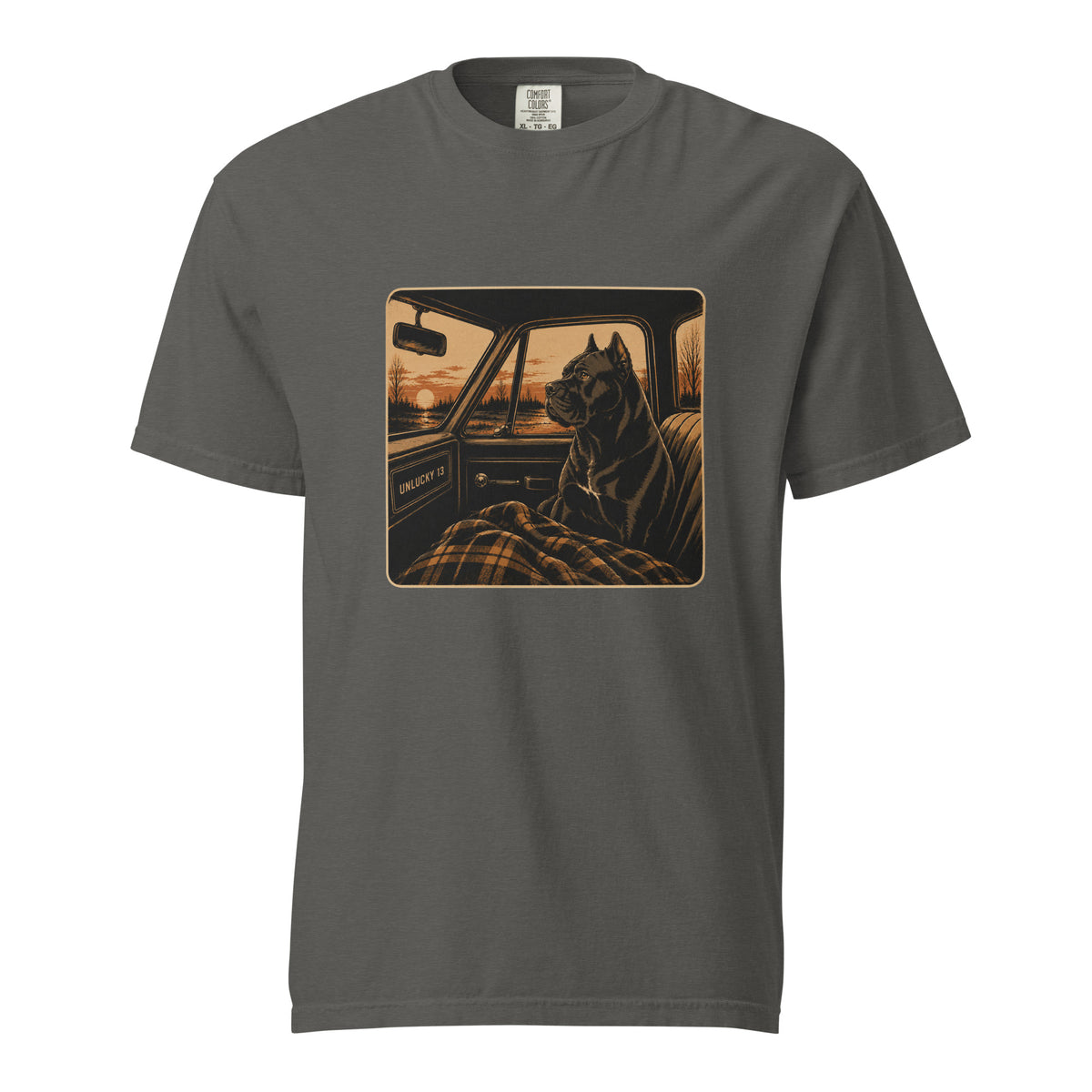 Pepper Ride or Die Tee with Unlucky 13 vintage truck and Cane Corso graphic on front